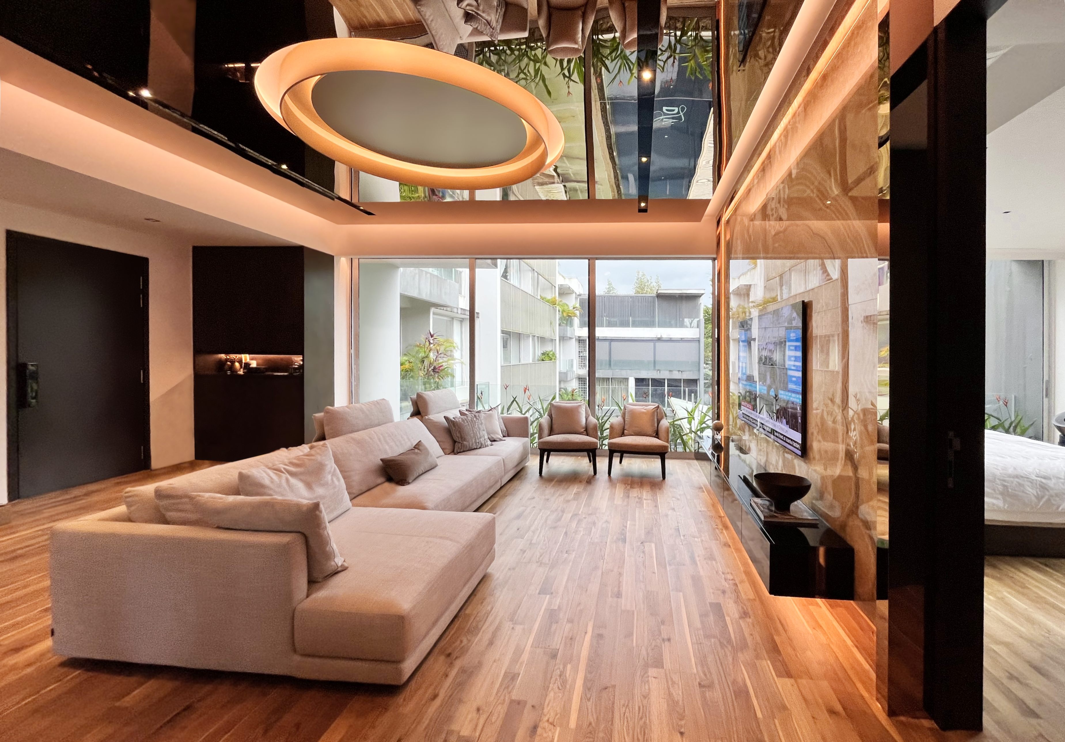 Solid timber flooring in a Singapore living room finished in Junckers oak