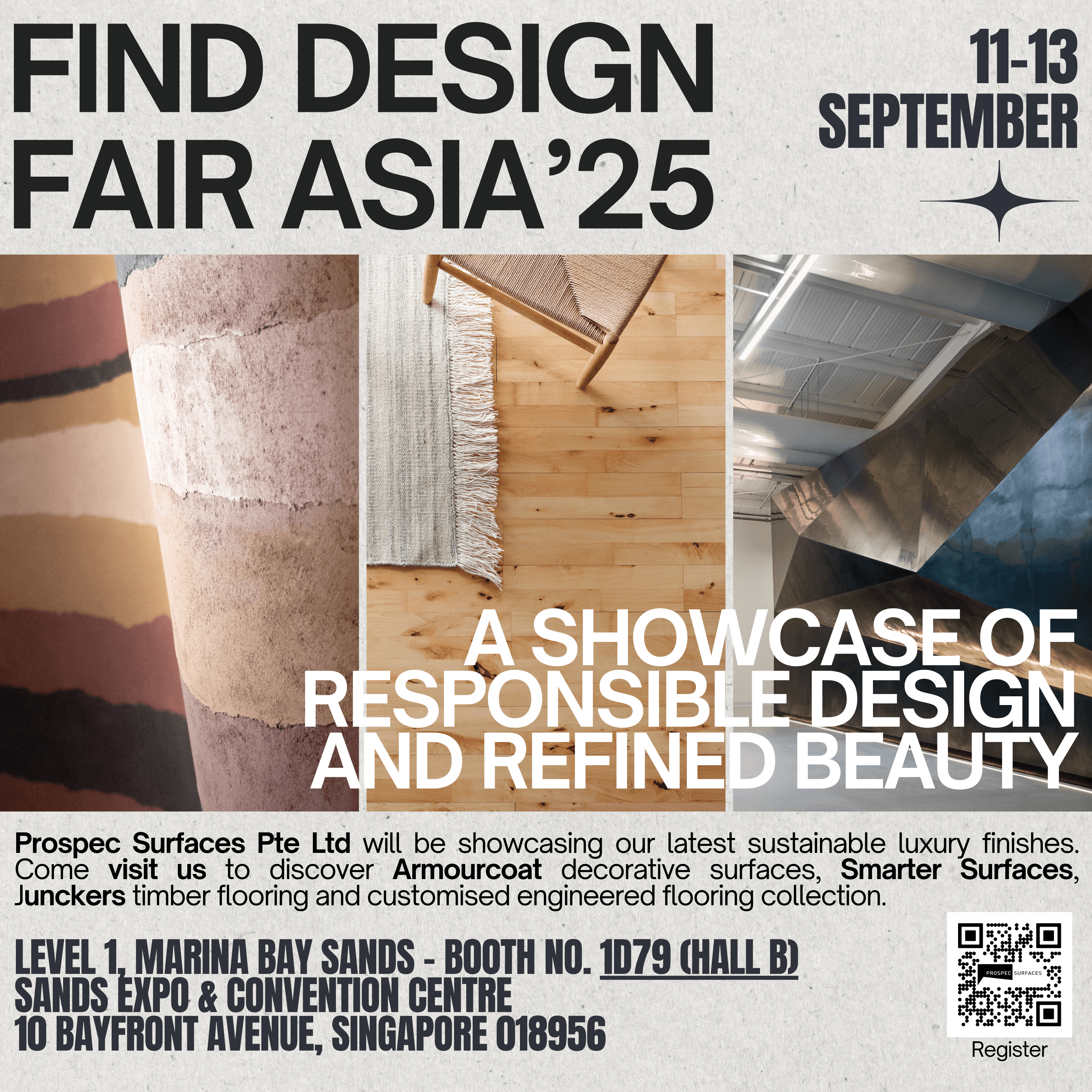 Prospec Surfaces showcasing luxury finishes and sustainable surfaces including Armourcoat, Junckers flooring, and Smarter Surfaces in Singapore.