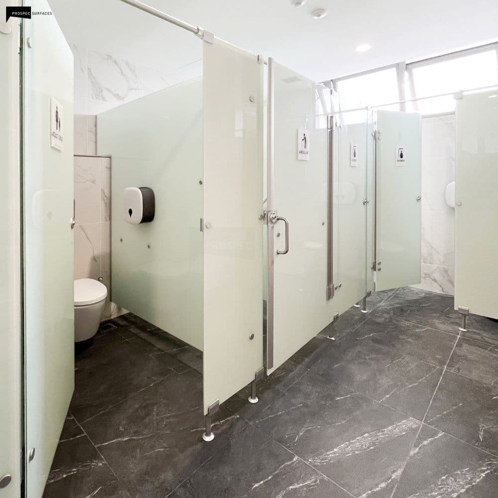 Phenolic toilet cubicle system in a Singapore commercial washroom