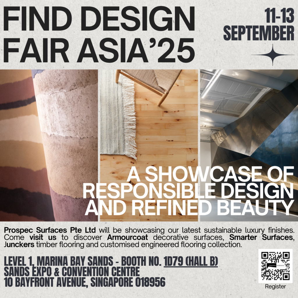 Prospec Surfaces showcasing luxury finishes and sustainable surfaces including Armourcoat, Junckers flooring, and Smarter Surfaces in Singapore.